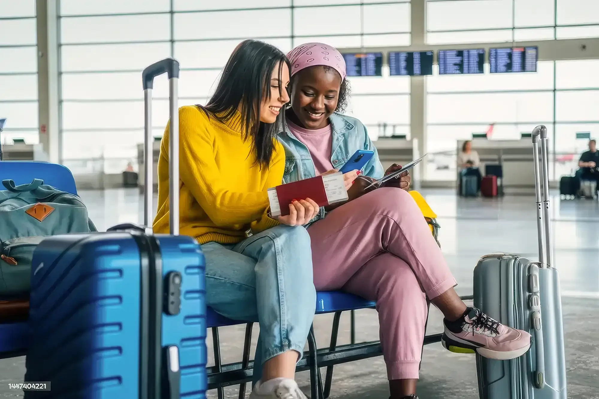 Two travelers at airport gate checking smartphone and boarding pass beside luggage.
