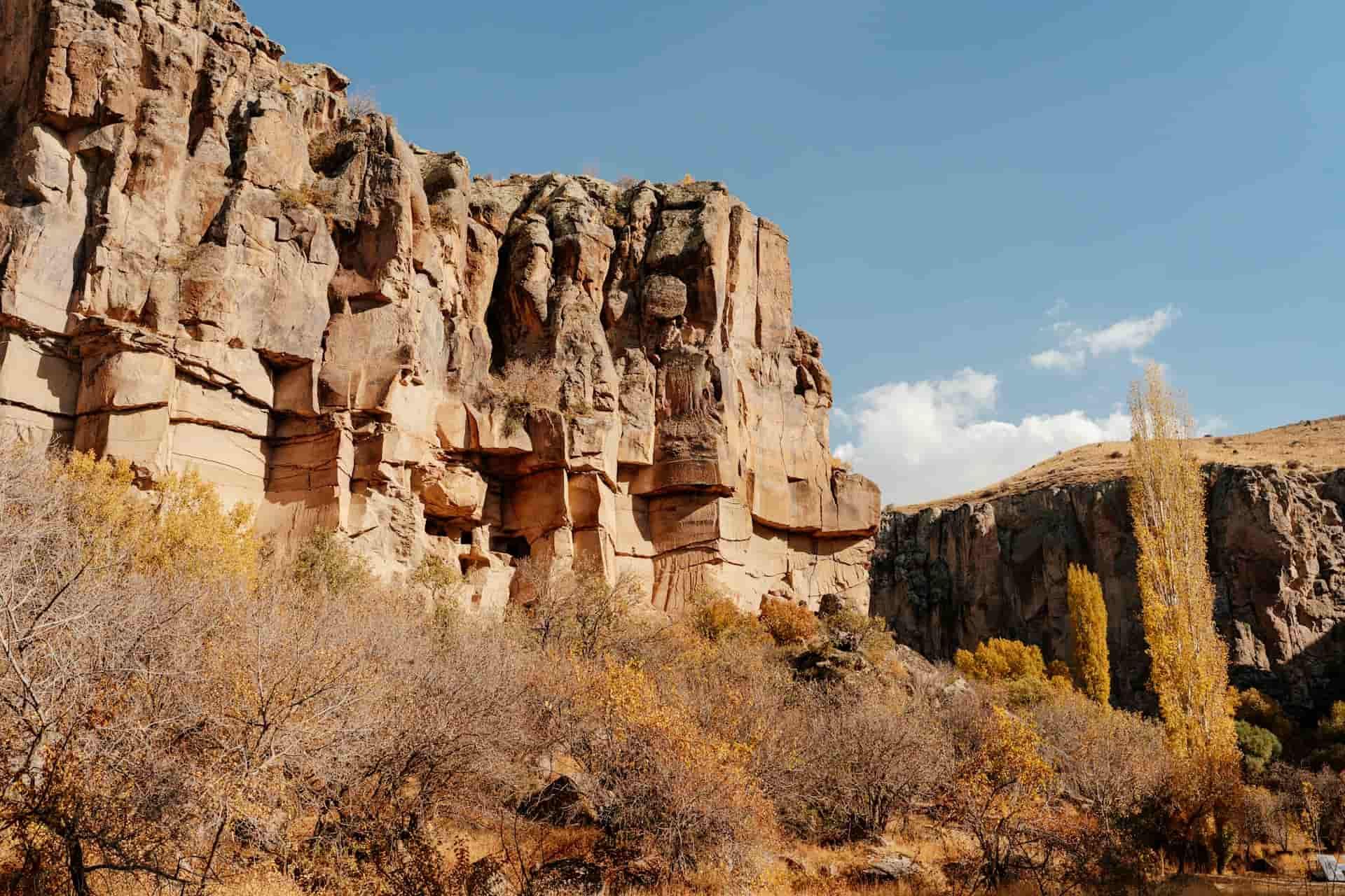 weathered sandstone rock face towering over autumn trees and bushes in Cappadocia