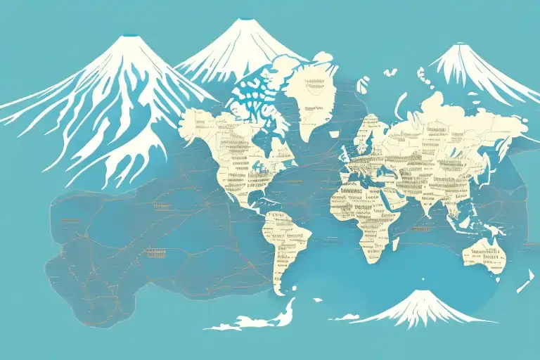 Illustrated world map with Mount Fuji motifs, representing travel to Japan and Korea