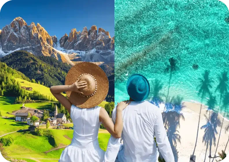 Split-scene image showing a couple facing two contrasting landscapes: on the left, alpine mountains and green pastures; on the right, a tropical beach with turquoise waters and palm tree shadows.