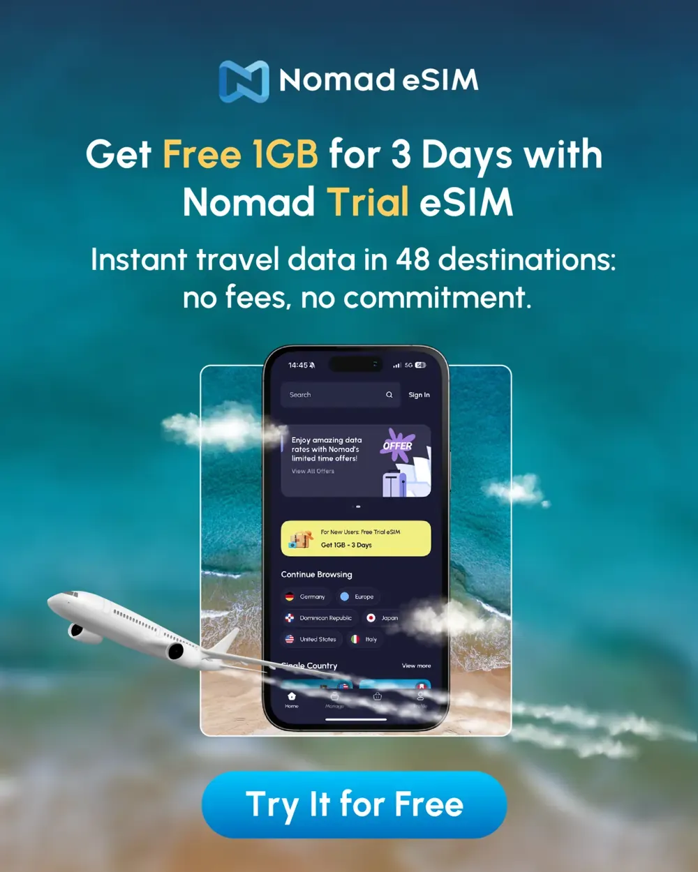 Nomad eSIM promotional image offering free 1GB for 3 days, showing a mobile app screen with destination options and an airplane flying through a beach backdrop.