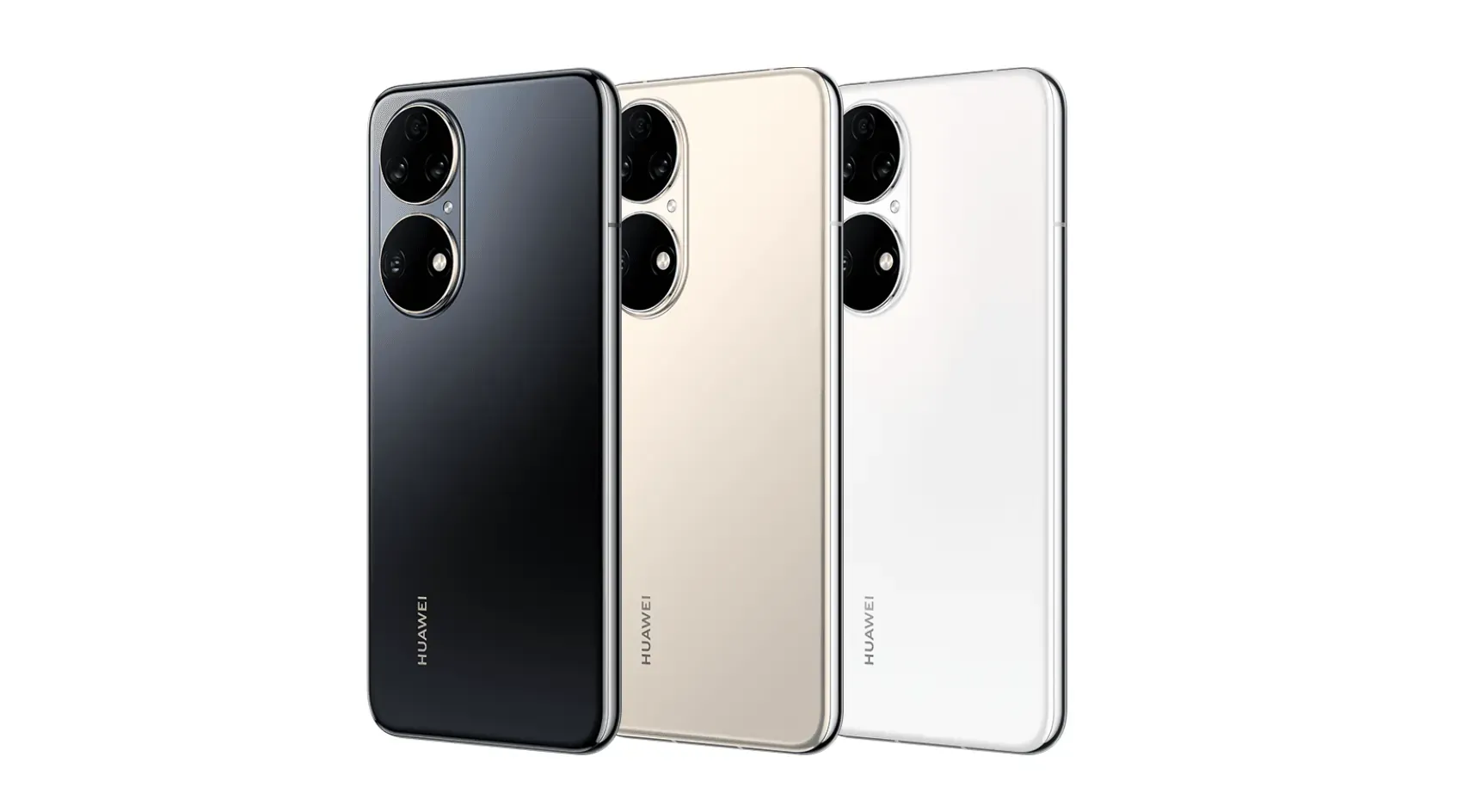 Three Huawei smartphones in black, gold, and white, shown from the back, highlighting their sleek design and dual camera layout.