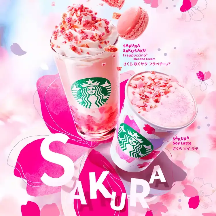 Starbucks Japan limited-edition Sakura drinks featuring Sakura Saku Saku Frappuccino and Sakura Soy Latte with pink cherry blossom toppings