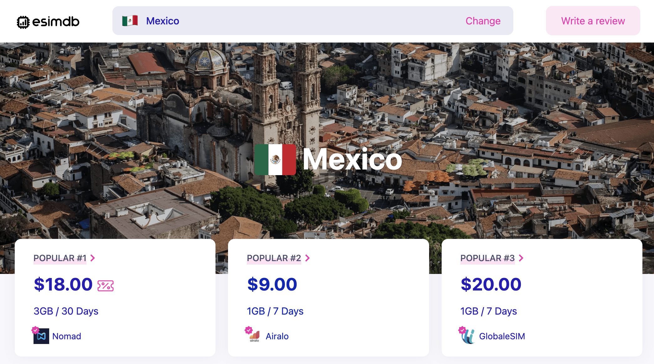 Cheap eSIM plans in Mexico (source: esimdb.com)