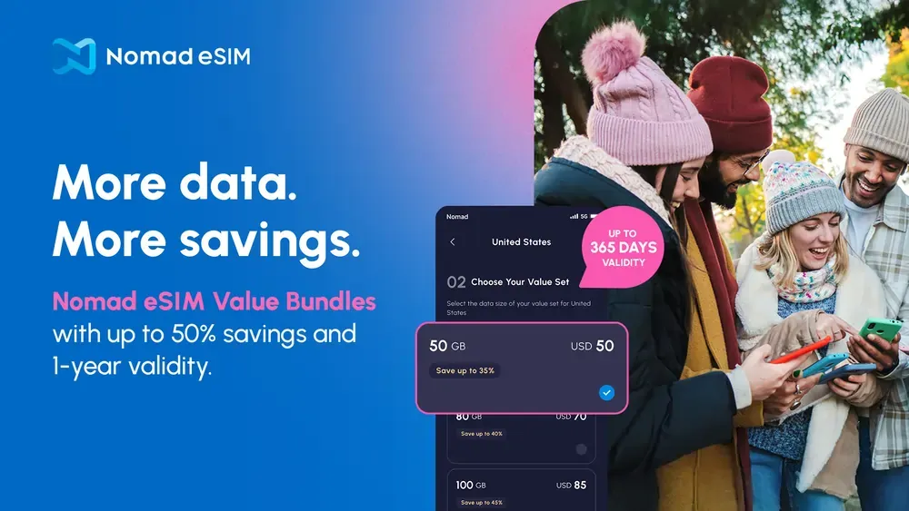 Nomad eSIM promotional graphic showing ‘More data. More savings.’ with Value Set bundle options, highlighting up to 50% savings and 1-year validity.