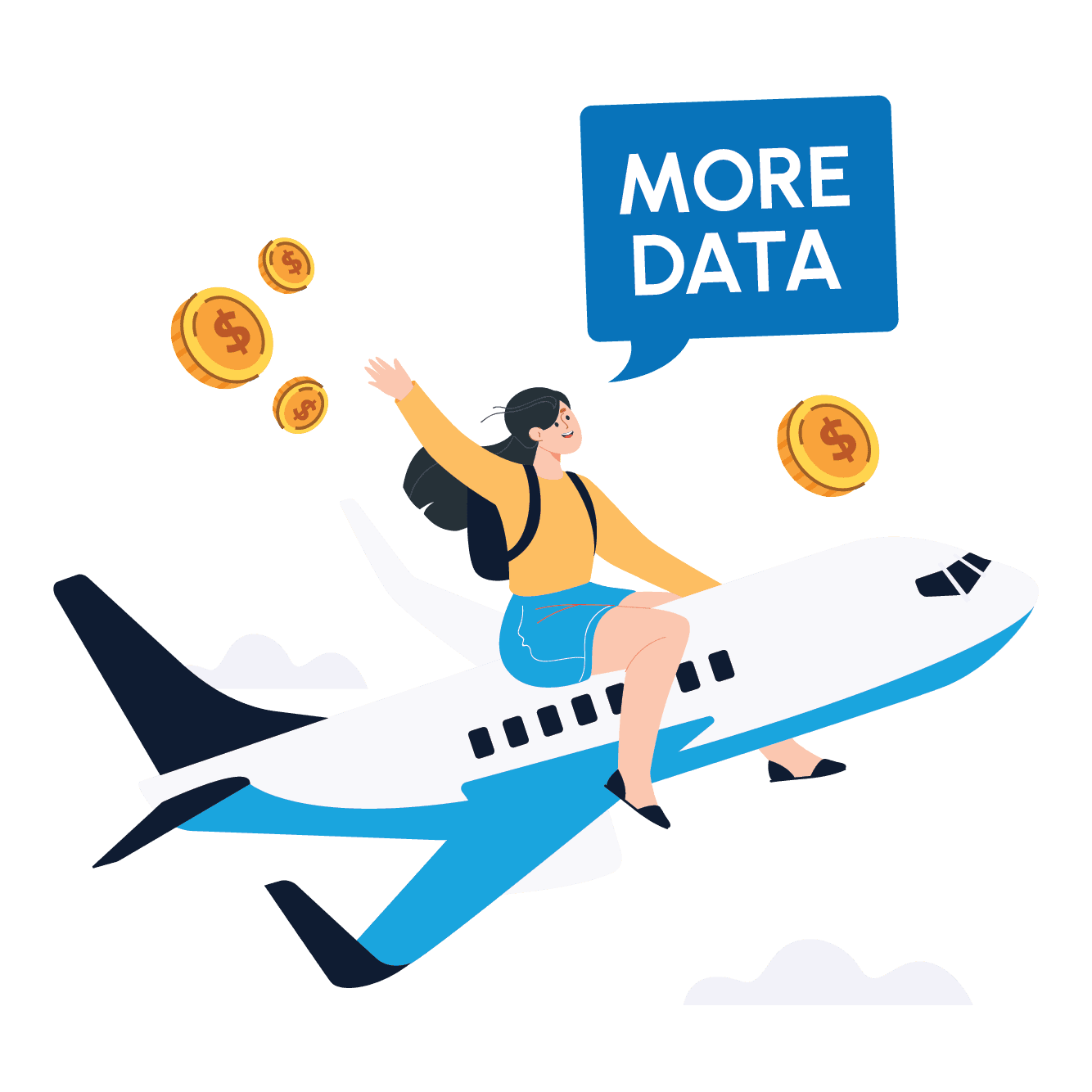 Illustration of a person sitting on a plane holding a ‘More Data’ sign with coins floating around, symbolizing data savings.