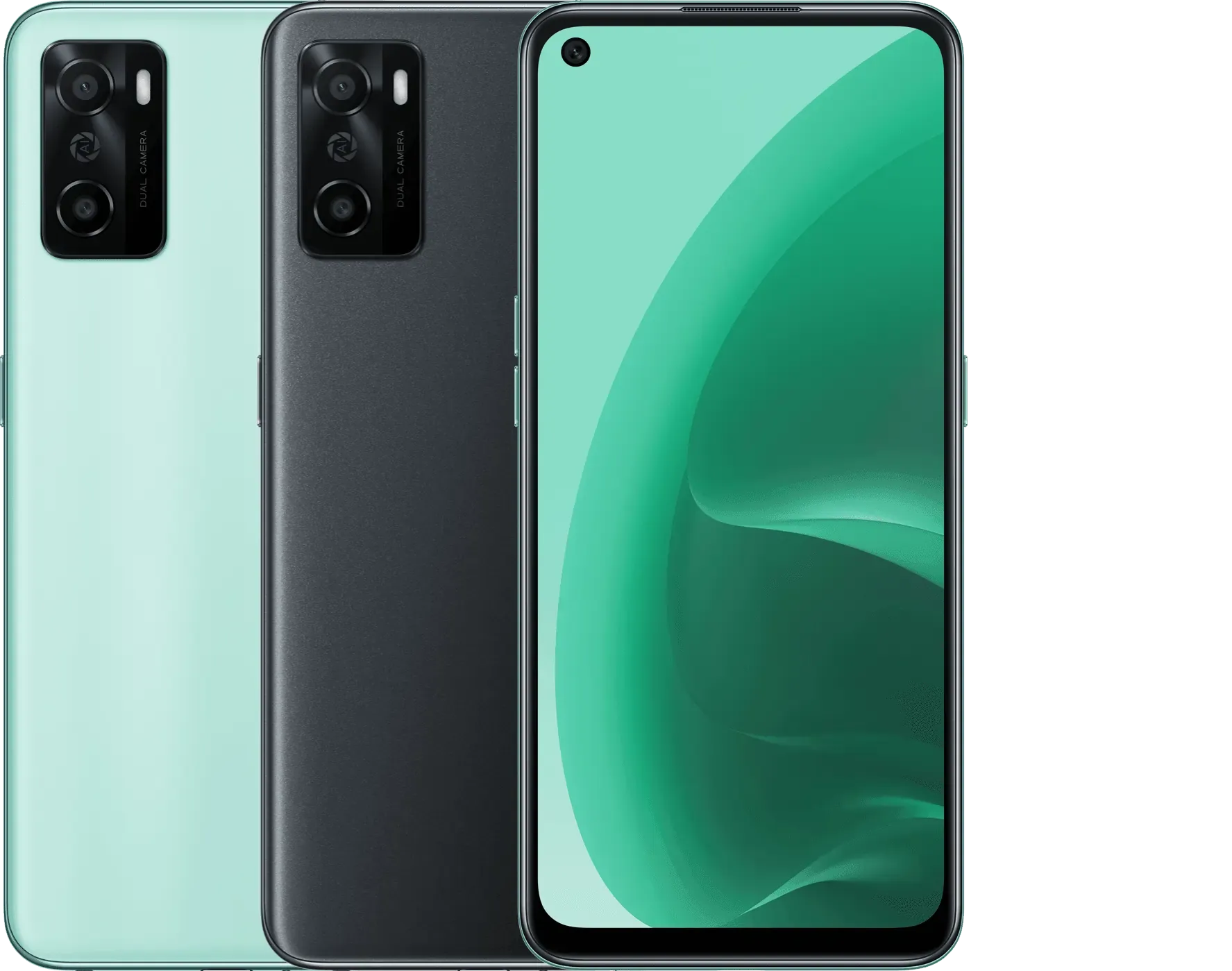 OPPO eSIM-compatible smartphones in mint green and black, displaying full-screen design and rear dual camera setup.