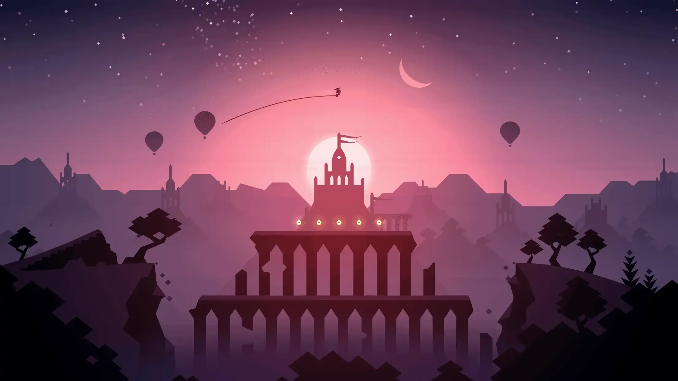 Stylised silhouette artwork of a temple and hot air balloons at sunset, inspired by the Alto’s Odyssey game aesthetic