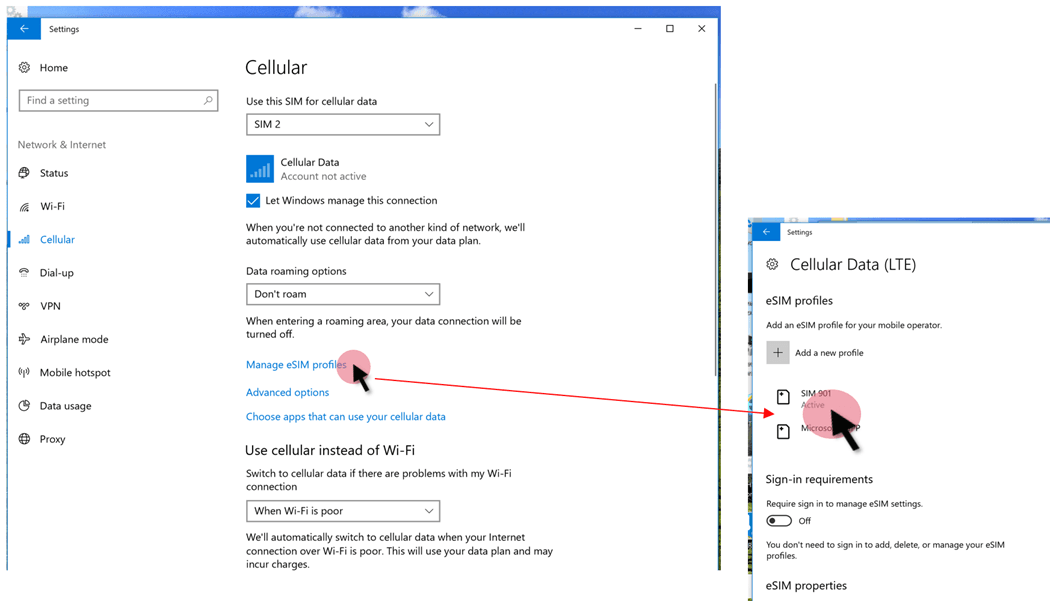 Windows Settings Cellular Profile