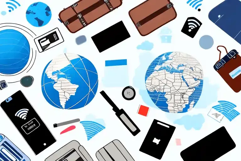 Illustration of global travel essentials including eSIM, roaming, local SIM cards, passports, and Wi-Fi.