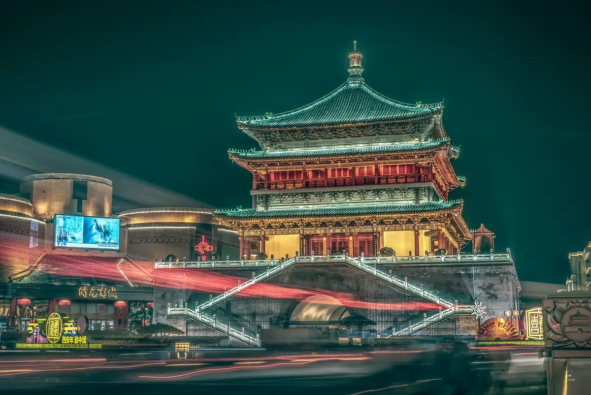 Red and brown temple in Xi'An, China, at nighttime