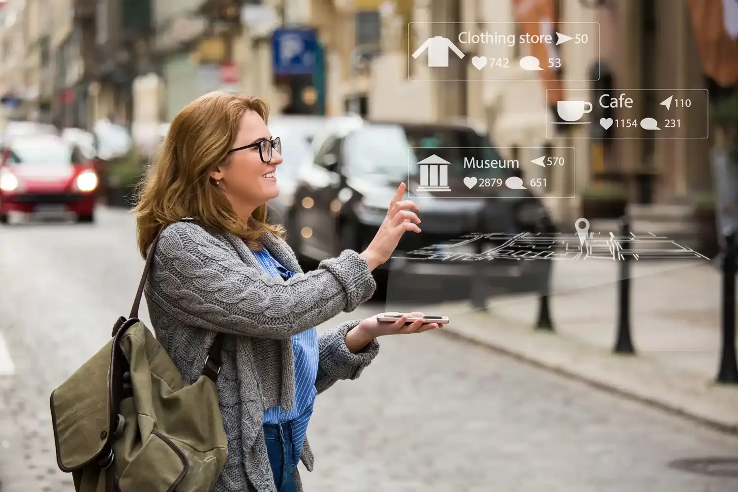 Tourist using a phone in an urban setting with data usage graphics, symbolizing how much mobile data to plan for travel.