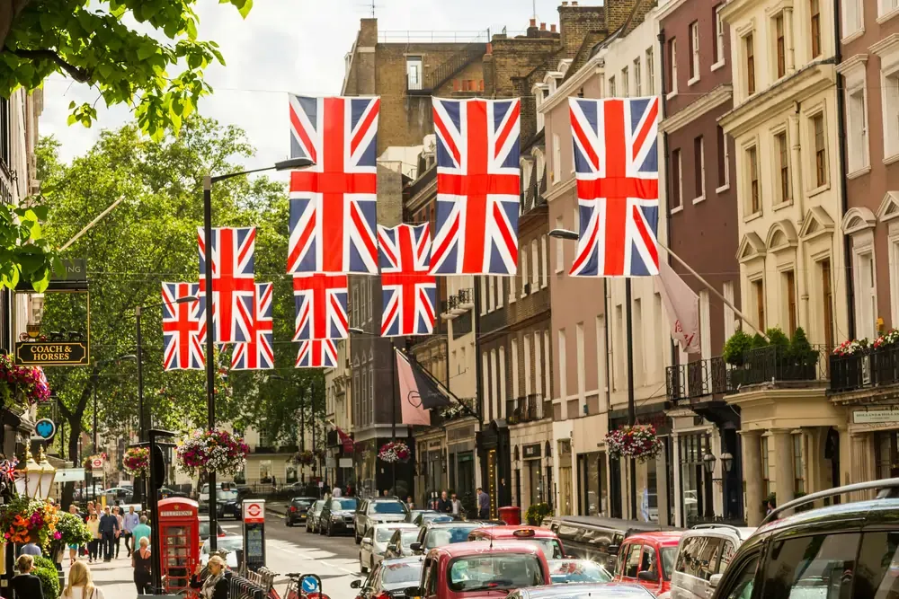 United Kingdom flags hanging over the city streets