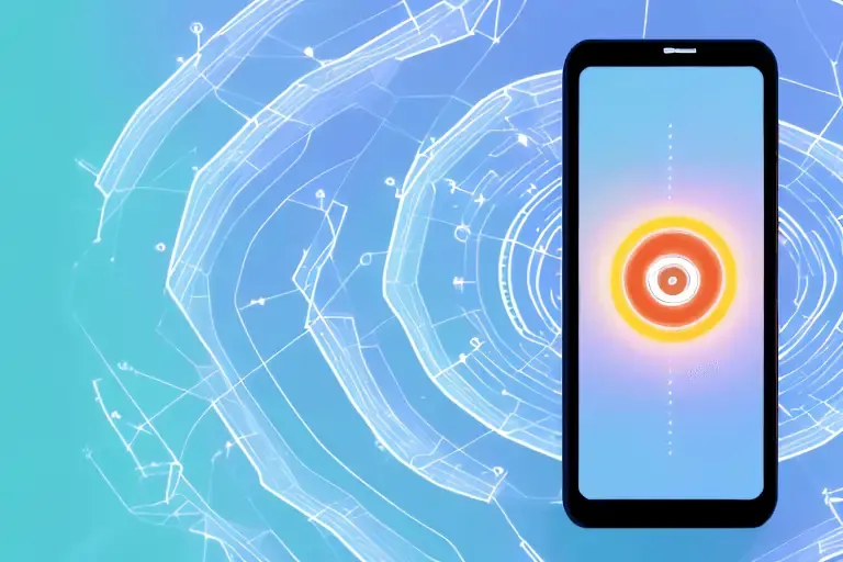 Illustration of a smartphone emitting signal waves, representing eSIM connectivity and network signal strength.