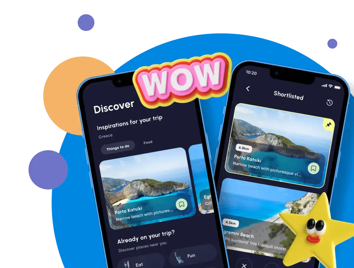 Two smartphones displaying Nomad app travel inspiration and shortlist features, with colorful shapes and a 'WOW' sticker in the background.
