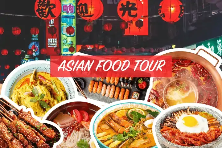Collage of iconic Asian dishes including sushi, hot pot, skewers, ramen, and curry under glowing red lanterns, promoting an Asian food tour.