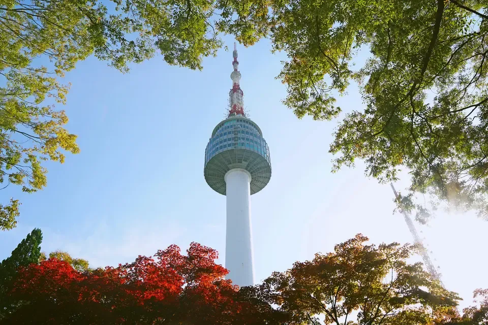 N Seoul Tower framed by colourful autumn trees