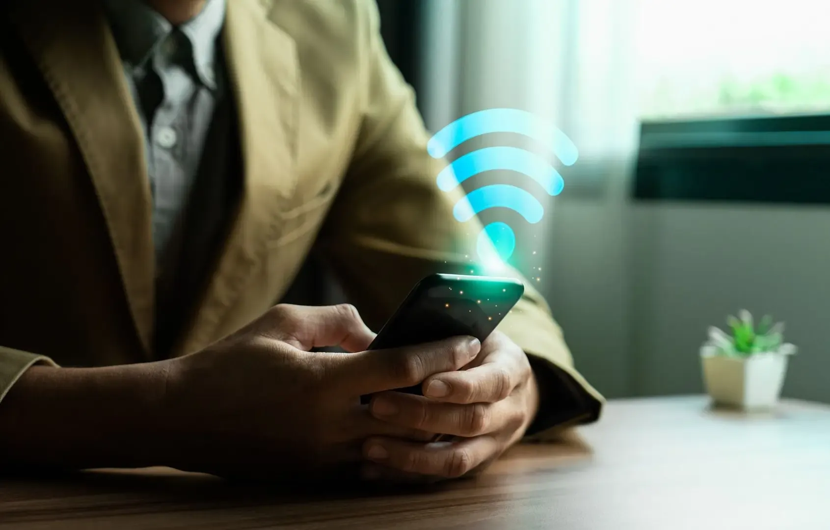 businessman accessing his personal hotspot on his phone