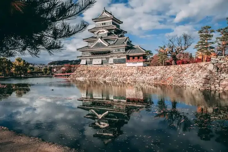 Traditional Japanese castle surrounded by a moat, with a clear reflection in the water and autumn foliage in the background