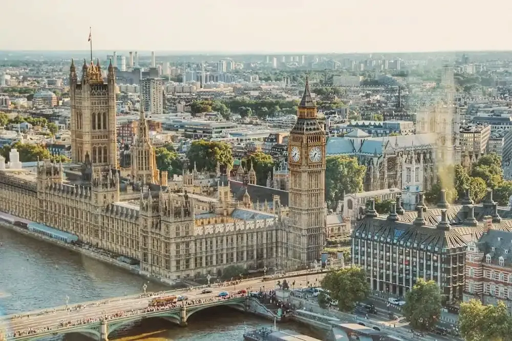 Aerial view of Big Ben and the Houses of Parliament in London, with Westminster Bridge crossing the River Thames.