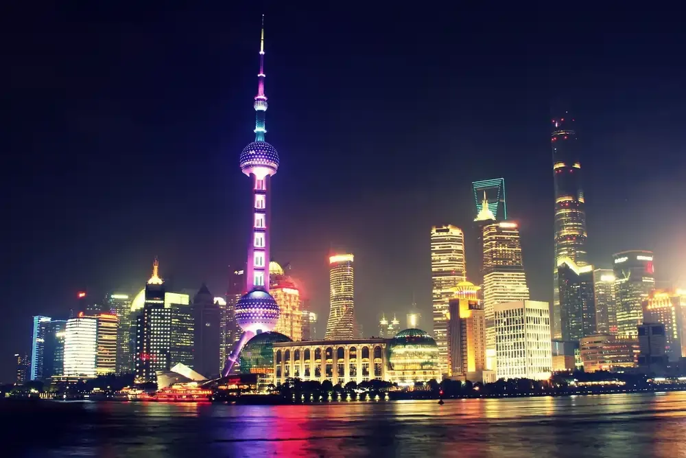 Night view of Shanghai skyline with Oriental Pearl Tower, China urban transport hub