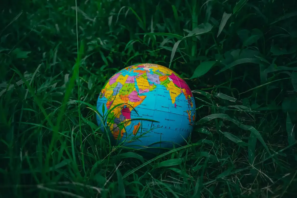 "Colorful world globe placed in green grass, symbolising international travel and roaming options
