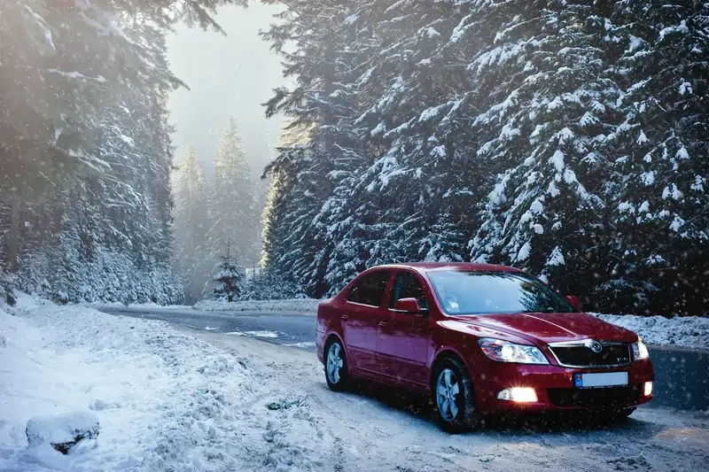 Red car parked on a snowy forest road surrounded by tall pine trees covered in snow during winter.