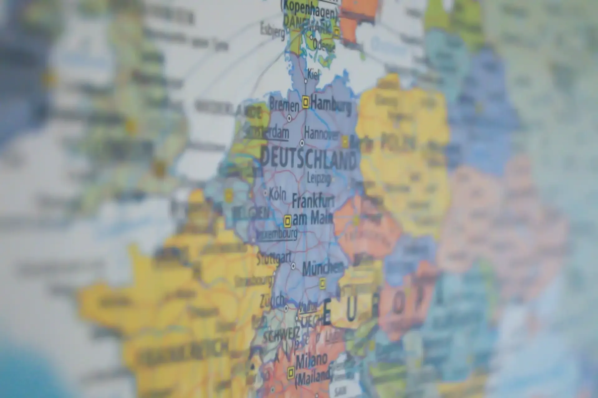 Close-up map of Central Europe highlighting Germany and surrounding countries, ideal for train or flight route planning across Europe